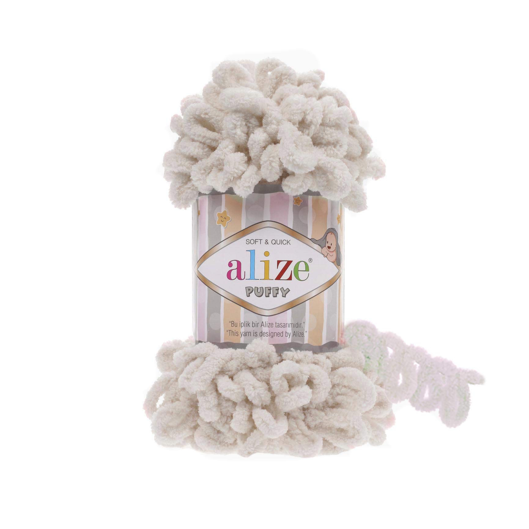 Alize Puffy Baby Blanket Yarn Lot of 5 skeins 500gr 50yds 100% Micropolyester Soft Yarn Baby Blanket Yarn Hand Knitting Yarn Super Chunky Bulky Woven Worested Yarn (599- Ivory)