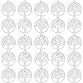 DICOSMETIC 60Pcs Tree of Life Charms Flat Round Family Tree Charms Stainless Steel Filigree Pendant 15.5x13.5mm Metal Jewelry Charms for Jewelry Making, Hole: 1.2mm