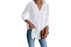 YNIQUE Womens Button Down Shirts V Neck Long Sleeve Office Casual Business Lady Blouse Tops with Pocket