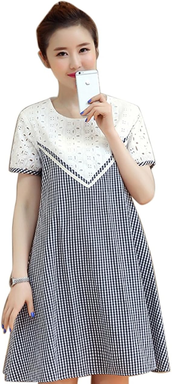 Amazon Co Jp マタニティワンピース レディース ワンピ 半袖 チェックストライプ 無地 ゆったりaラインシルエット 服 ファッション小物