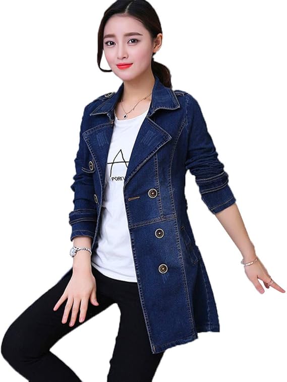 Amazon 春と秋の新しい大きいサイズの女性スリムロングコートデニムジャケット 脂肪mmダブルブレストスーツの襟のコート コート ジャケット 通販