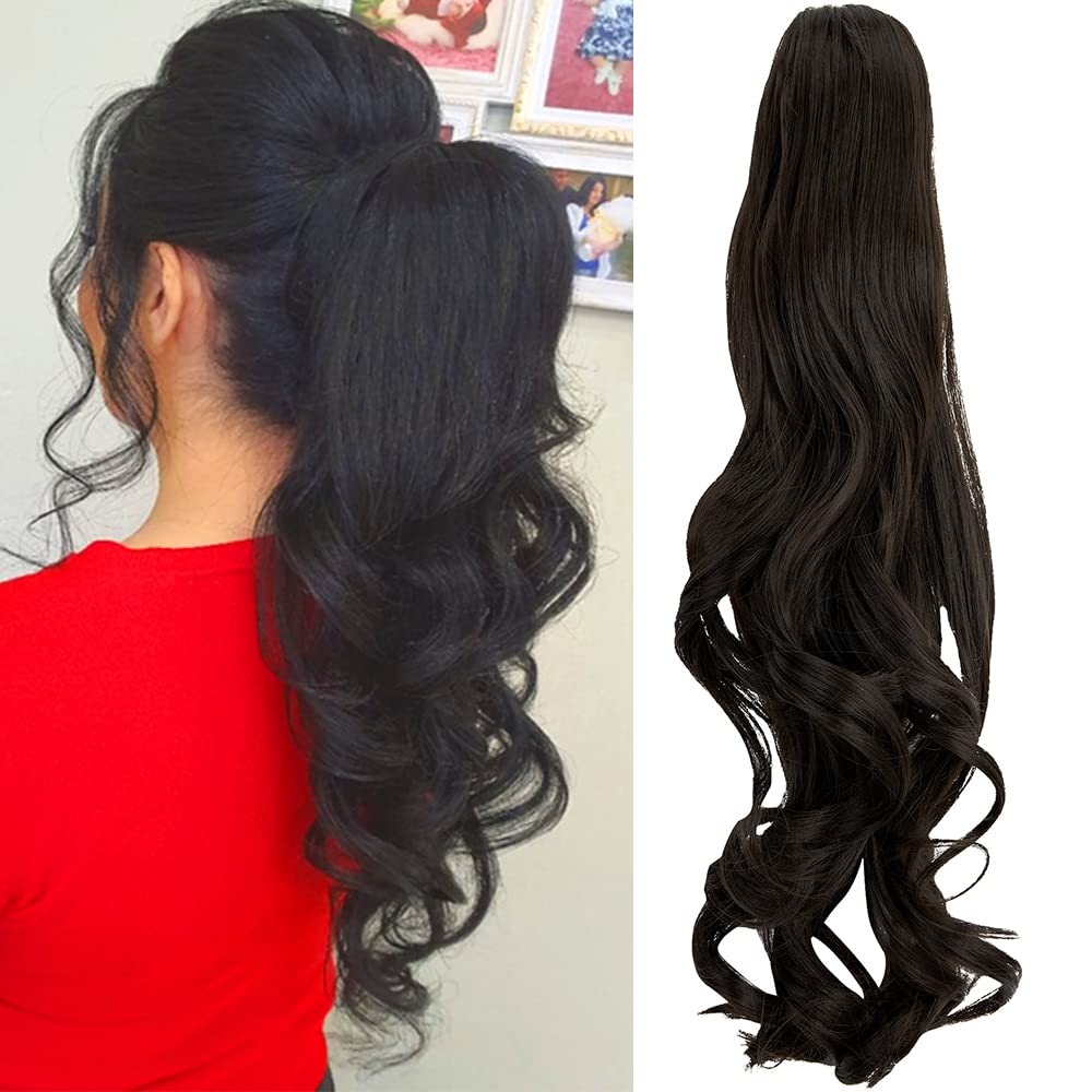 OMGREAT Claw on Ponytail Clip in Hair Extensions Straight Curly Wavy Hair Piece Long Pony Tail 18" & 150g Curly - Dark Brown