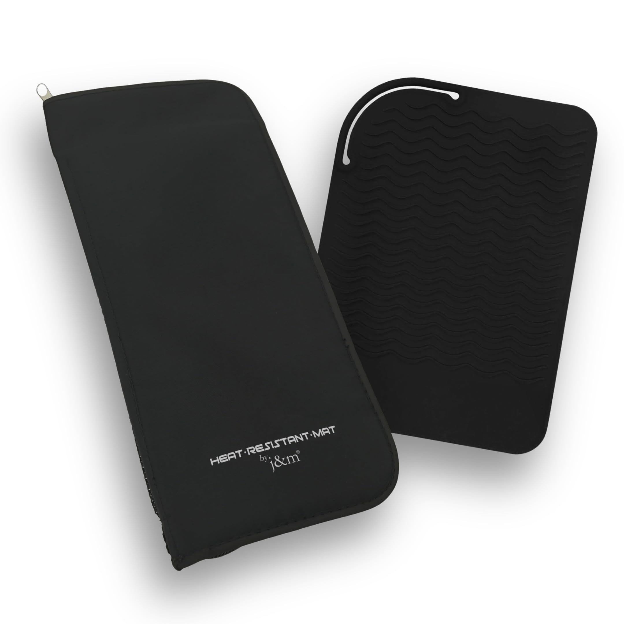 Hair Straightener Silicone Mat & Pouch Pack by j&m- with Heat Proof Mat for Curling Tongs/Wands/Irons - Fits ghd, BaByliss & Larger Straighteners - Zip-Up All-in-One Compact Travel Case