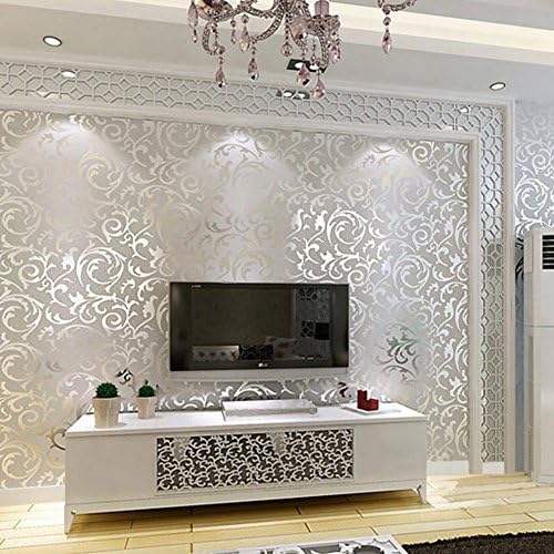 Luxury Embossed Textured Pattern Paintable Wallpaper Roll Vintage designer modern Damask wall papers home decor Self-adhesive silver grey wall mural 0.53m10m=5.3㎡ (Sliver Gray)