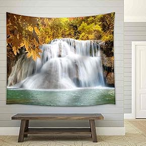 Huaymaekamin Waterfall, Beautiful Waterfall in Autumn Forest, Kanchanaburi Province, Thailand - Fabric Wall Tapestry Home Decor - 51x60 inches