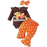 Axumity My First Thanksgiving Outfits Newborn Baby Girl Romper+Polka Dot Pant +Headband Girl Thanksgiving Set