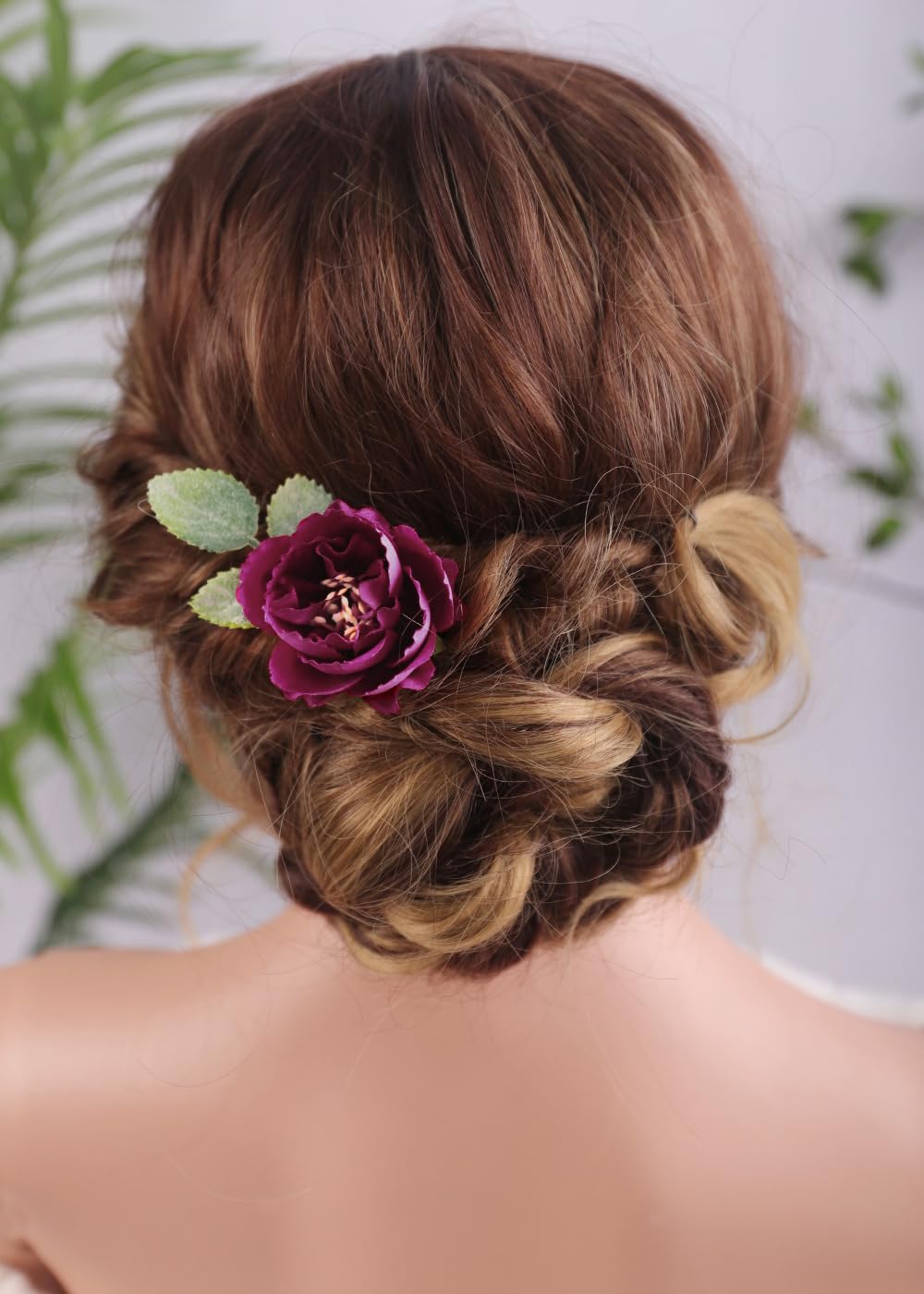 Anglacesmede Bridal Flower Hair Pins Burgundy Flower Green Leaf Hair Piece Boho Wedding Bridesmaid Hair Accessories