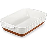 MALACASA Baking Dish 4.8 Qt Ceramic Casserole & Lasagna Pan, 9x13 Inch Deep Rectangular Oven Safe Dish with Handles for Baking, Roasting, Serving (Khaki & White) - Series Tara