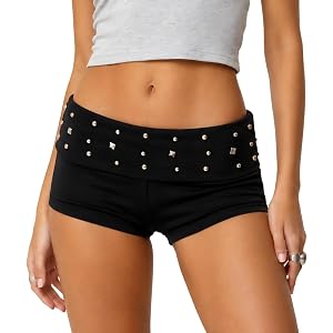 Women Y2K Fold Over Mini Shorts Studded Low Waist Micro Shorts Rave Bottoms | Y2K studded shorts, fold over waist, sexy low r