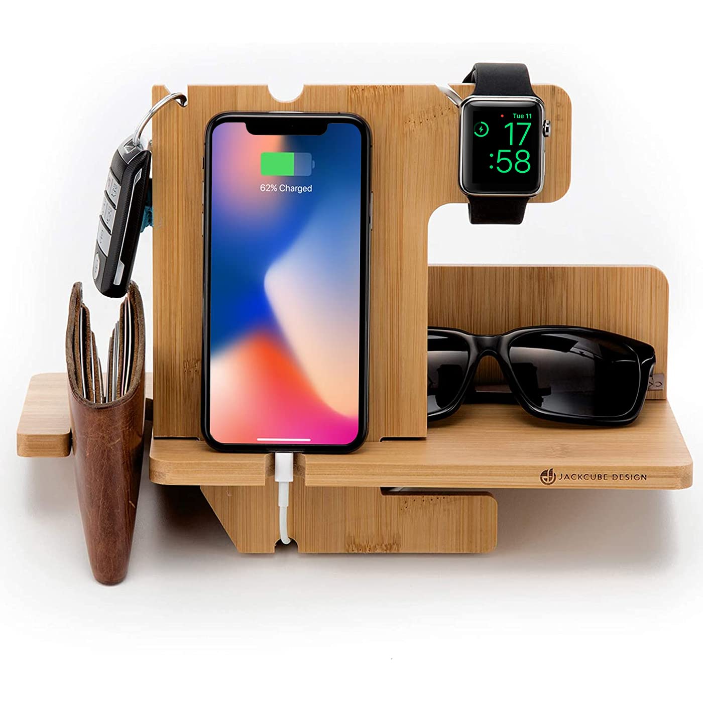 JackCubeDesign Wood Smart Watch Charger Bamboo dock Stand Multi Device Charging Station Organiser Holder for Smartphone Wallet Glasses Key(Large) – MK242A