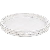Lnofemin Round Wood Serving Tray with Beads, White Washed Wooden Decorative Tray for Entertaining, Decoration, and Gifting