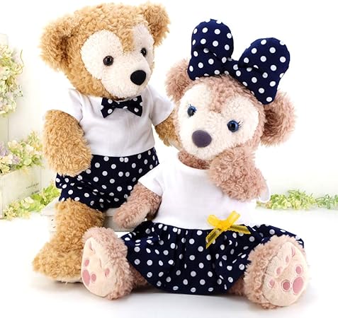 Amazon Cushu Cush ダッフィー シェリーメイ 日本製 ぬいぐるみ用グッズ コスチューム 洋服 着せ替え 紺水玉 かわいい 白tシャツ ロンパース ワンピース ヘッドリボン ペアセット Cds375s ぬいぐるみ おもちゃ