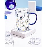 Nefelibata Evil Eye Glass Coffee Cup with Handle 16oz Glass Can for Hot/Cold Beverages Cappuccino Latte Espresso Beer Hamsa Blue Evil Eye for Protection Tumbler Mug Heat-Resistant and Freezer Safe