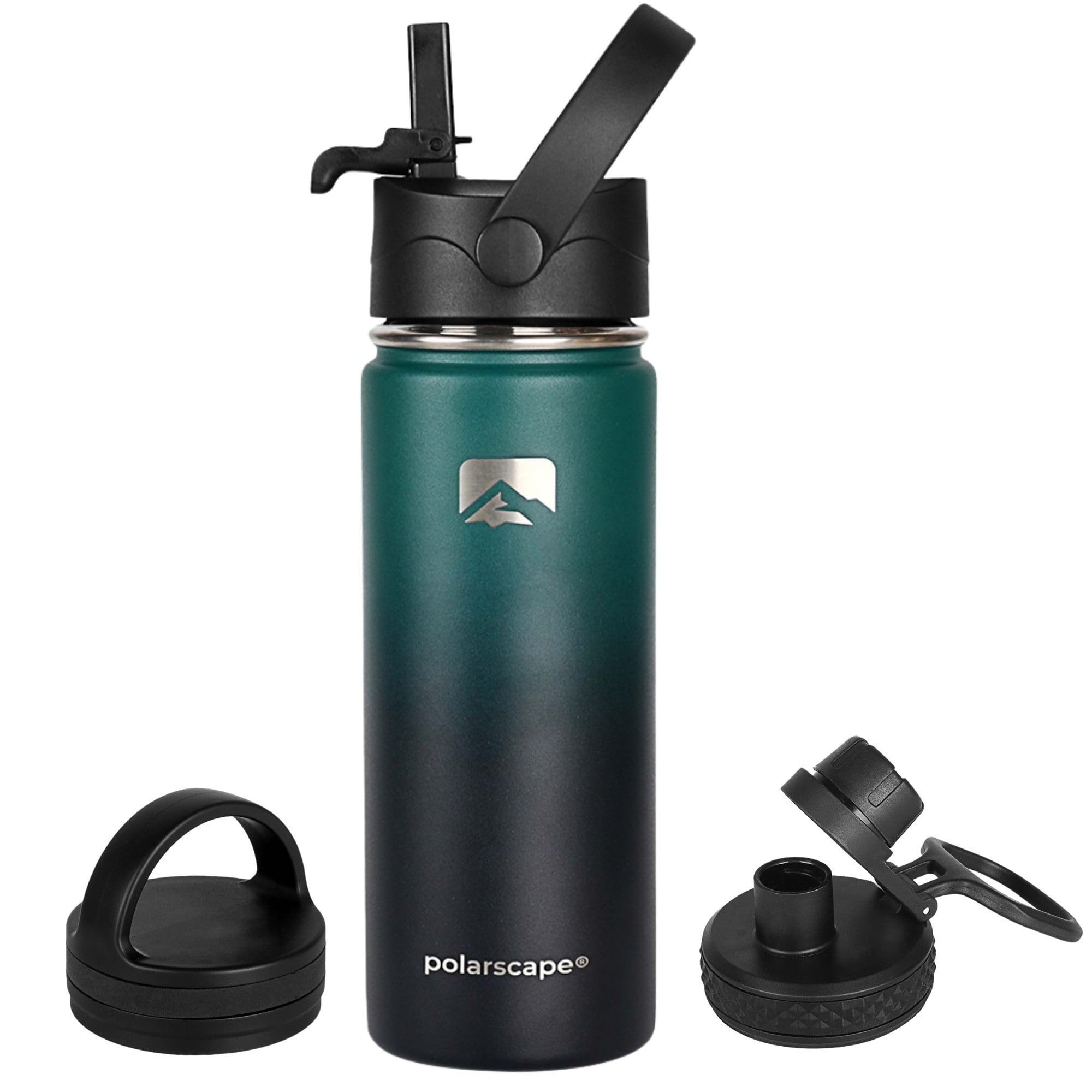 Polarscape Stainless Steel 500ml Insulated Water Bottle with Straw - Metal Water Bottle, Includes 3 Lids, 2 Straws, Straw Brush - Wide Mouth, Double-Walled, BPA Free, Leak Proof - 500ml Forest
