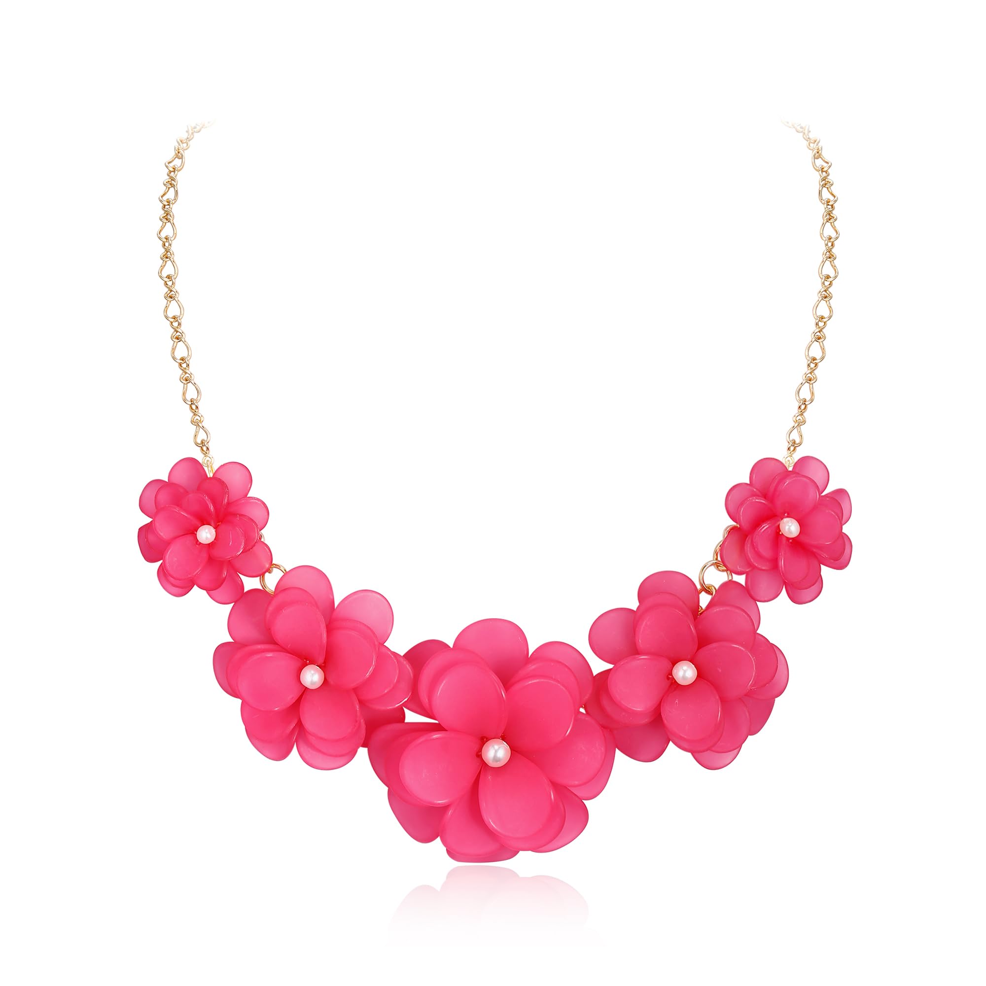 Ever Faith Hot Pink Flower Necklace for Women, Floral Choker Statement Necklaces Boho Jewellery for Summer Holiday Prom Cocktail Party