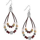 MINACHI Statement Boho Drop Earrings with Silver Floral Charm and Colorful Beads, Handmade Leather Loop Earrings for Women