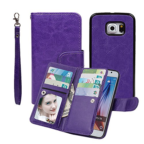 xhorizon(TM)XH8[Upgraded]2 in 1 S6 Premium Leather [Wallet Function][Magnetic Detachable][Magnetic Car Mount Phone Holder Compatible] Folio Cover Case For Galaxy S6 - Purple