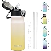 Konokyo Insulated Water Bottle with Straw and Carry Loop,18 oz Stainless Steel Double Wall Vaccum Metal Water Flask with Leak-proof Lid,Lemon