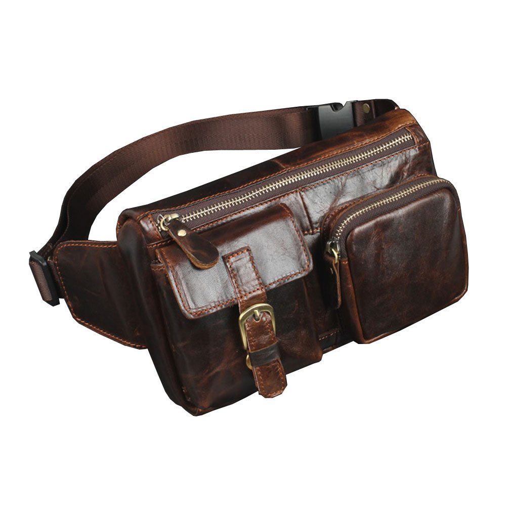 Xieben Vintage Leather Fanny Waist Bag for Men Women Travel Hiking Running Hip Bum Pack Belt Slim Pouch Cell Phone Purse Wallet Coffee