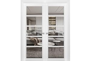 SARTODOORS Solid French Double Doors | Quadro 4522 White Silk with Clear Glass | Wood Solid Panel Frame Trims | Closet Bedroom Sturdy Doors-48 x80 (2 * 24x80)