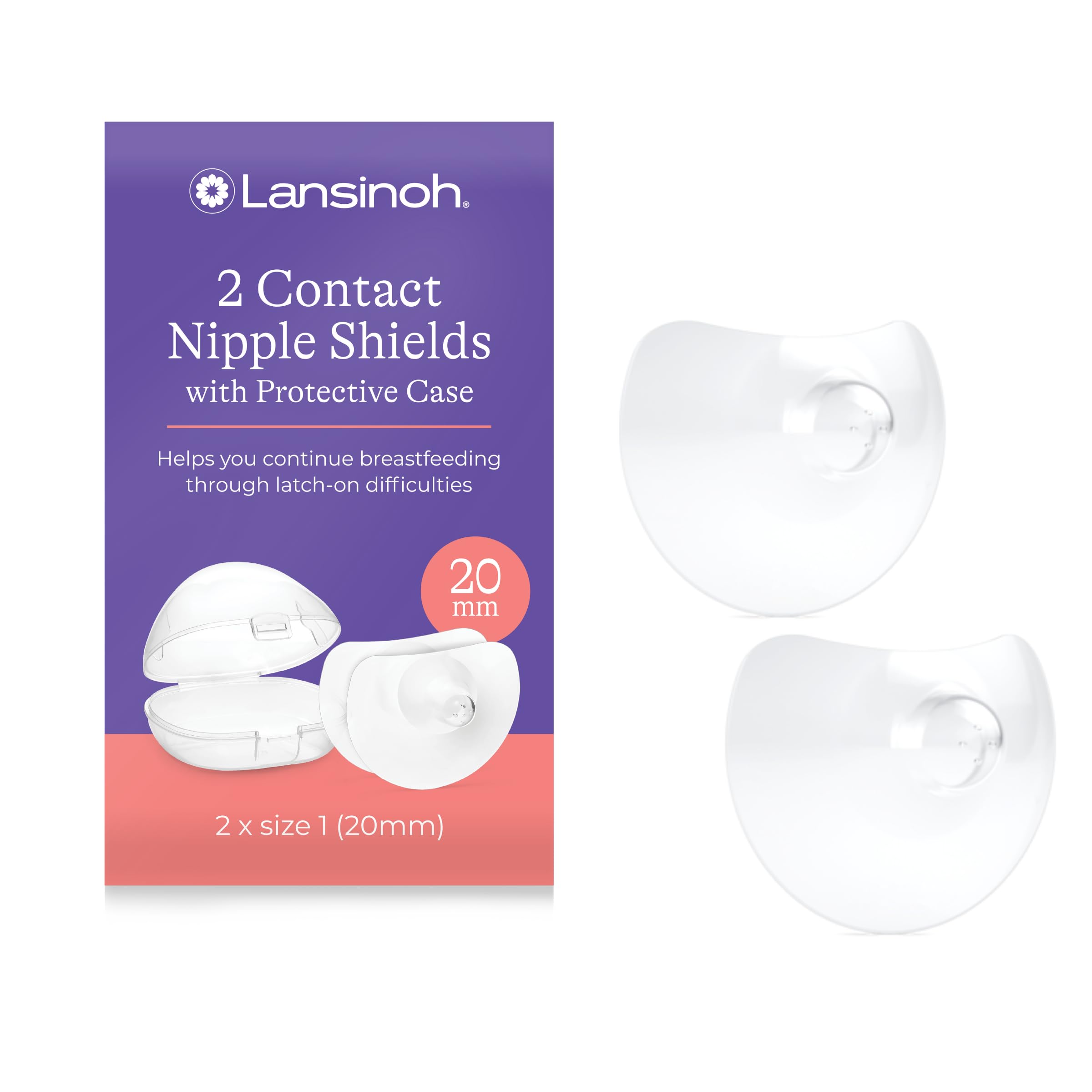 Lansinoh Contact Nipple Shields for Breastfeeding with Case - 2 Pack (20mm Large) - 100% Silicone - Ultra-Thin - Support Flat & Invert Nipples - Breast Feeding Essentials