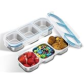 Bakpoco Stainless Steel Snack Containers for Kids Adults, 2 Pack 3 Compartment Metal Snack Containers Box with Lid, Reusable Food Storage Container, Leak Proof, Grab and Go, Blue