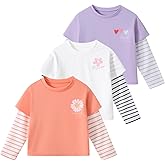 Fdqin Little Girls Graphic Print Tee Shirt 3 Packs Long Sleeve Shirts Crew Neck Knit Tops Casual Daily Shirt 4-12Years