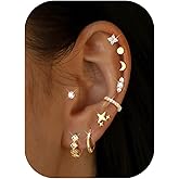 Dochais 14K Gold Plated Surgical Steel Earrings 9 Pairs Flat Back Earrings Small Cartilage Hoop Earring for Women Trendy Hypoallergenic Flatback Stud Stacks for Multiple Piercing Lightweight Jewelry