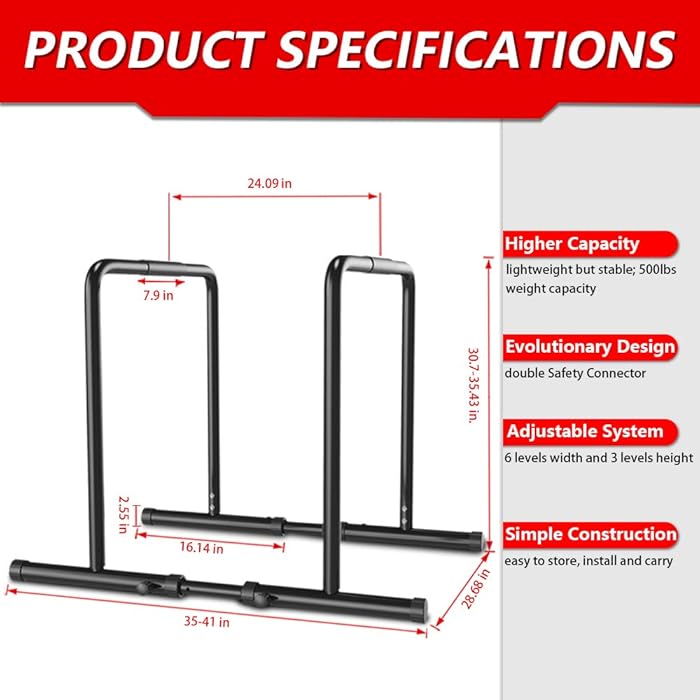 Image 6 - Yoleo Adjustable Dip Bar- 500lbs Dip Station Portable Functional Fitness Bar with Safety Connector, Heavy Duty Dip Stand Body Press Bar Parallette Exercise Bar Workout Equalizer for Calisthenics