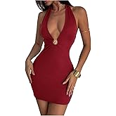 Milumia Women's Metal Ring Deep V Neck Halter Mini Dress Sexy Blackless Bodycon Party Club Short Dresses