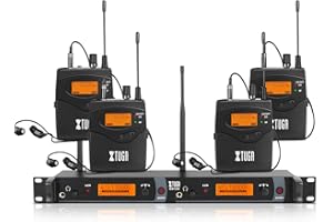 XTUGA IEM1200 Wireless in Ear Monitor Dual Channel 4 Bodypacks Ear Monitors Musicians, 2 x 40 Frequencies, Rack Mount, 300Ft Range, UHF Wireless IEM Used for Church, Band and Studio