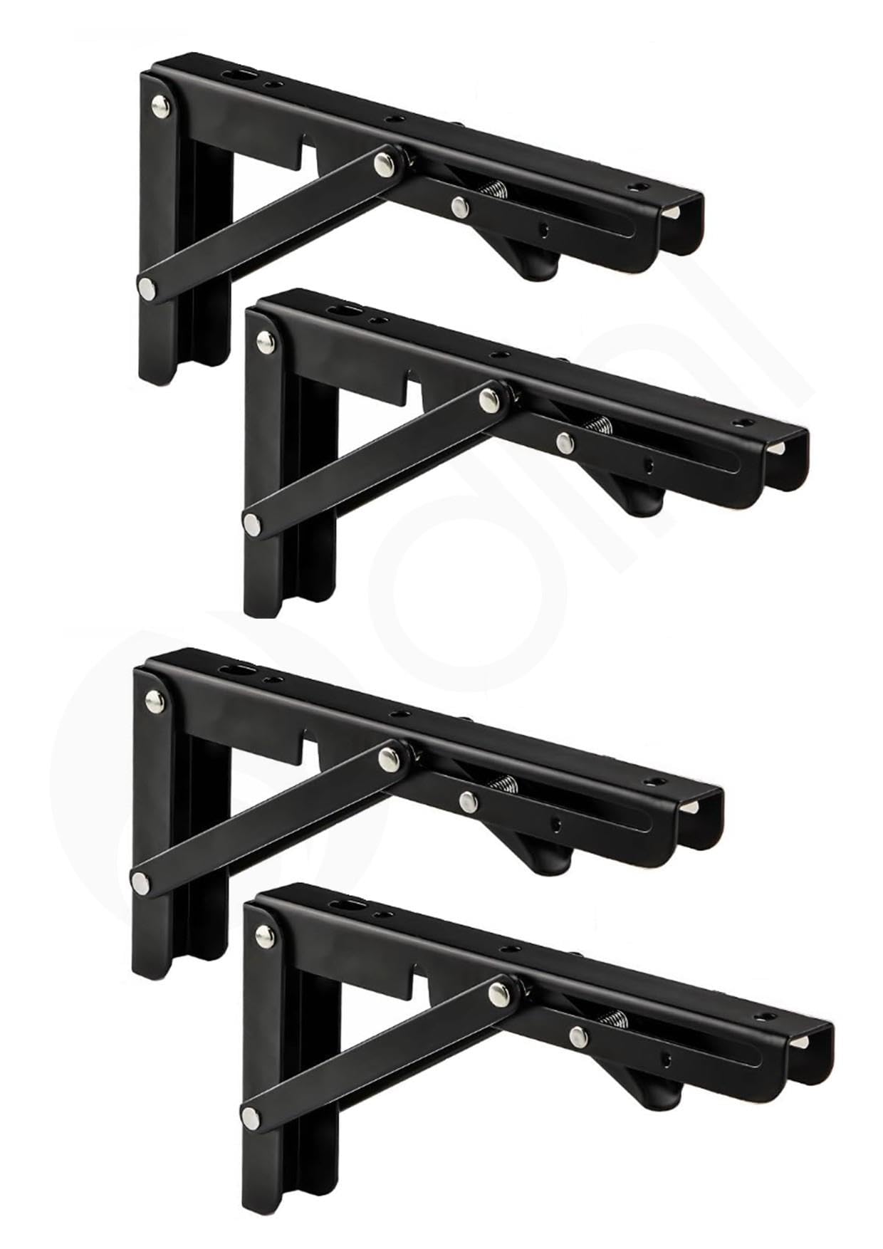 Dihl 4X Folding Shelf Brackets, 8 Inch, Space Saving Heavy Duty Wall Mounted Foldable Shelving Mounts, 8” 20cm, Steel, Black, Load Capacity 45 KG, 2 Pairs