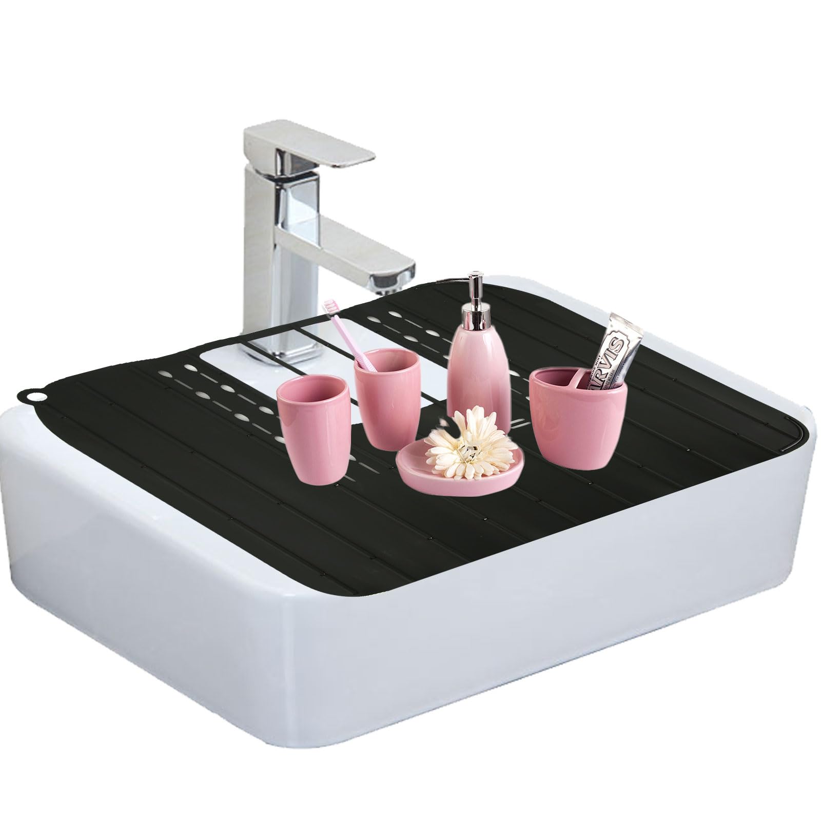 Bathroom Sink Cover, Foldable Silicone Sink Mat Space-Saving Sink Counter Topper Compact Rollable Makeup Brush Cleaning Mat Collapsible Countertop Organization for Extra Space & Storage Saver (Black)