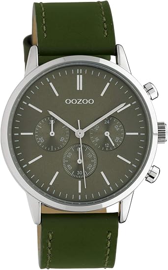 Oozoo C10596 - Reloj de pulsera unisex con correa de cuero (40 mm), color plateado y verde