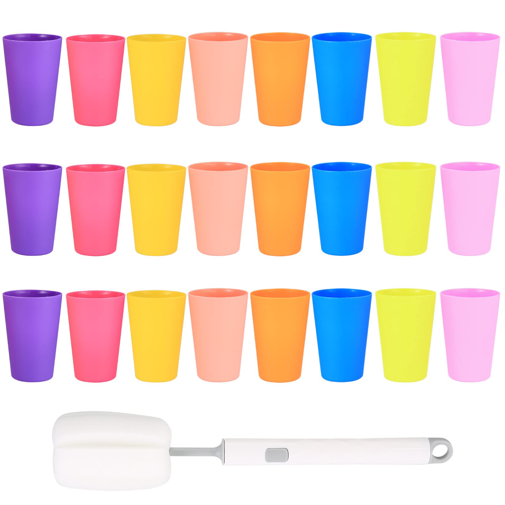 LJHOME 24 Pcs Reusable Plastic Cups, 260 ML Coloured Plastic Drinking Cups Tumblers Set, Durable Party Cups for Kitchen, Outdoor Parties, Picnics, BBQ’s, Travels, 8 Colors, with Cup Brush