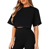 TZLDN Women Short Sleeve Oversized Cropped Tshirts Workout Loose Fit Boxy Tee Shirts Cotton Cute Basic Gym Summer Tops