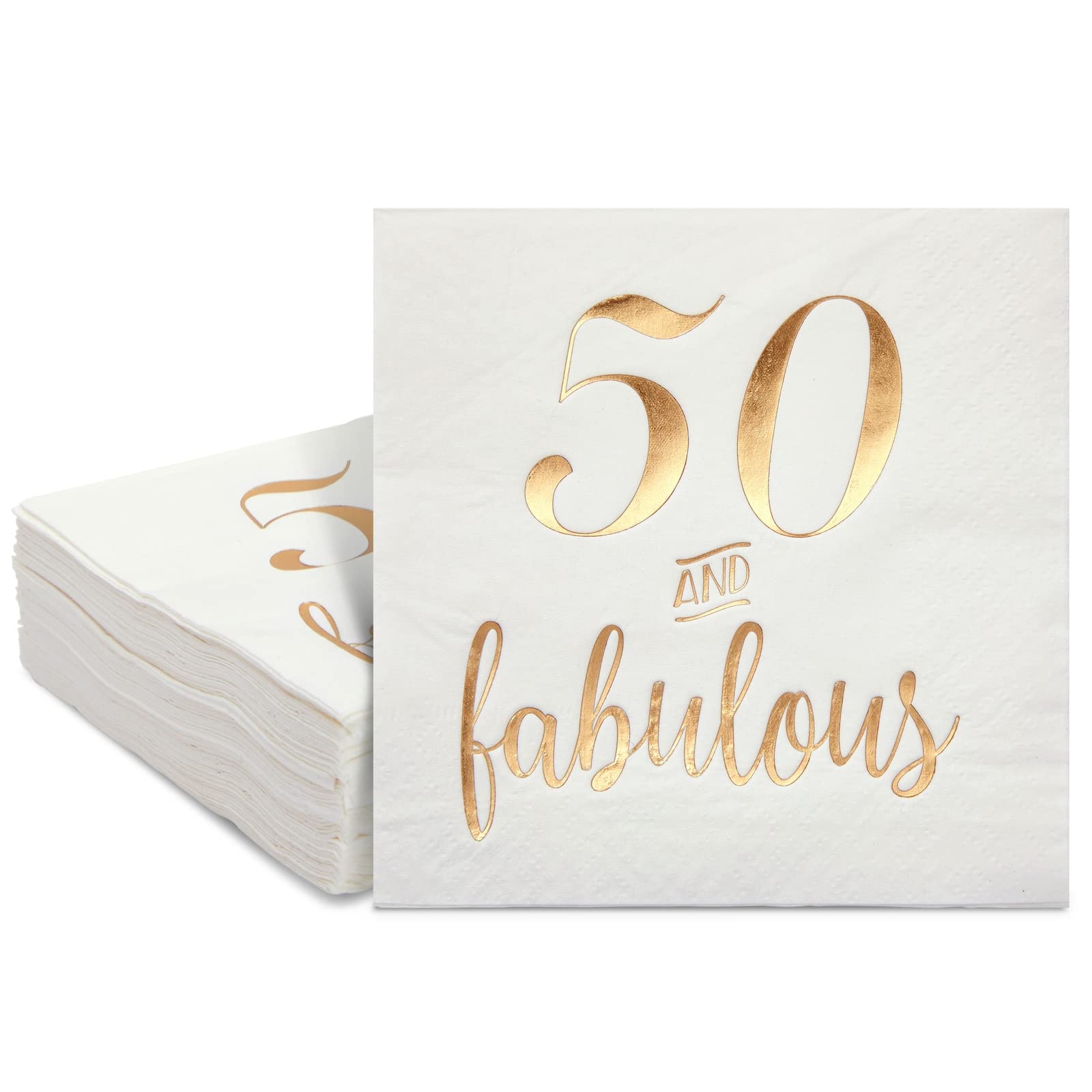 Paper Party Napkins with "50 and Fabulous" in Gold Foil Print (50-Pack) - 5 x 5 inches