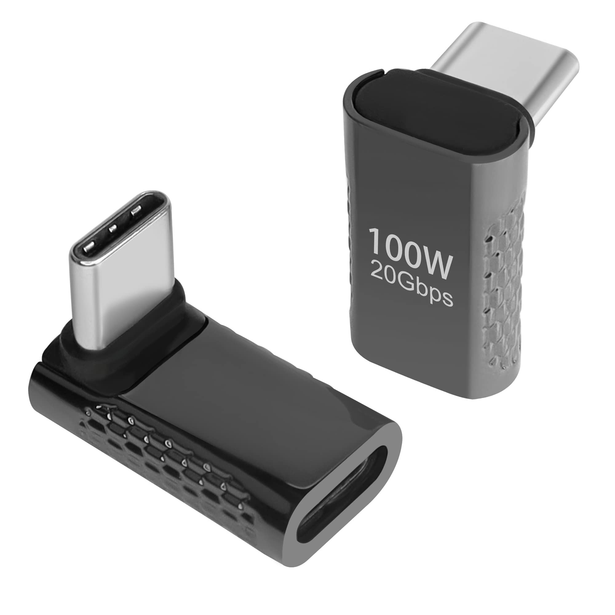 QIANRENON USB C 90°Angle Adapter 20Gbps 100W USB3.2 Type C Male to Female Right Angle connector, support 8K Audio/Video, for Smartphone Tablet Steam Deck,Bright black, 2Pcs(Forward Bend)
