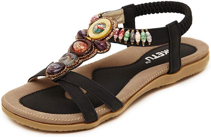 Nevera ShoesNevera Ladies Flip-Flops Bohemian Elastic Strappy Thong Ankle Strap Sandals for Women (X-Black, US:11)