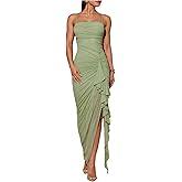 Floerns Women's Elegant Mesh Cami Dress Ruched Ruffle Side Slit Bodycon Maxi Prom Dresses