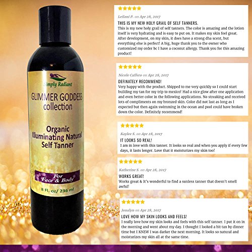 Glimmer Goddess Organic Natural Self Tanner Lotion. Creates a Lucious, Buildable Golden Tan with Each Application. 8 oz - Vegan