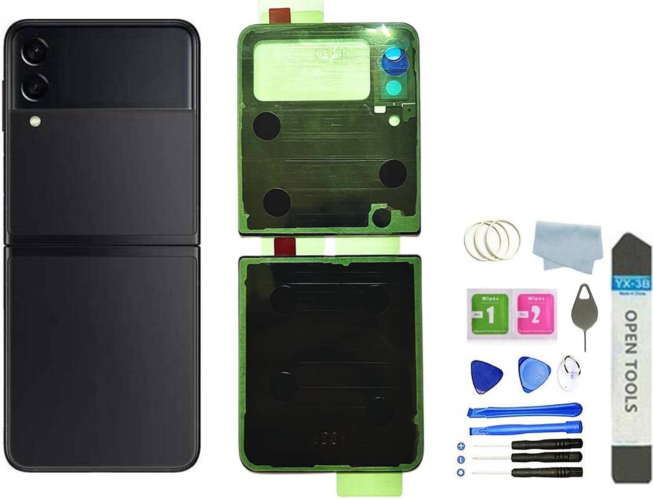 Photo 1 of HXHN Galaxy Z Flip 3 Back Glass Replacement for Samsung Galaxy Z Flip 3 Back Cover Glass with Pre-Installed Tape and Camera Lens+Tools (Phantom Black)
