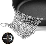 Cast Iron Cleaner, OMOCOOK XL 8x6 Inch Premium Stainless Steel Chainmail Scrubber for Cast-Iron Skillet, Pan, Wok, Griddle, Waffle Iron Pans Scraper Cast Iron Grill Scraper Skillet Scraper