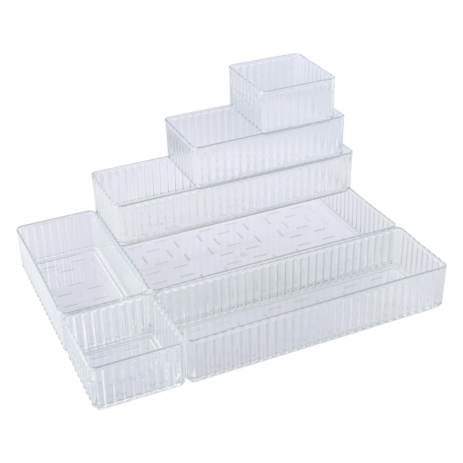 Volumoon 4-Size Versatile Drawer Organizer Trays - Clear Cosmetics Container Tray for Bathroom, Vanity, Make-up, Kitchen, Bedroom