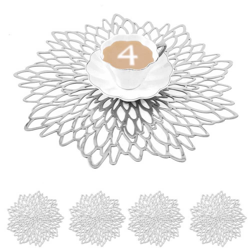 Mangata Silver Placemats and Coaster Sets of 4, Round Table Placemats for Christmas, Wedding, Dinner Parties, Restaurant, Hotel, 38cm, 15.5inches