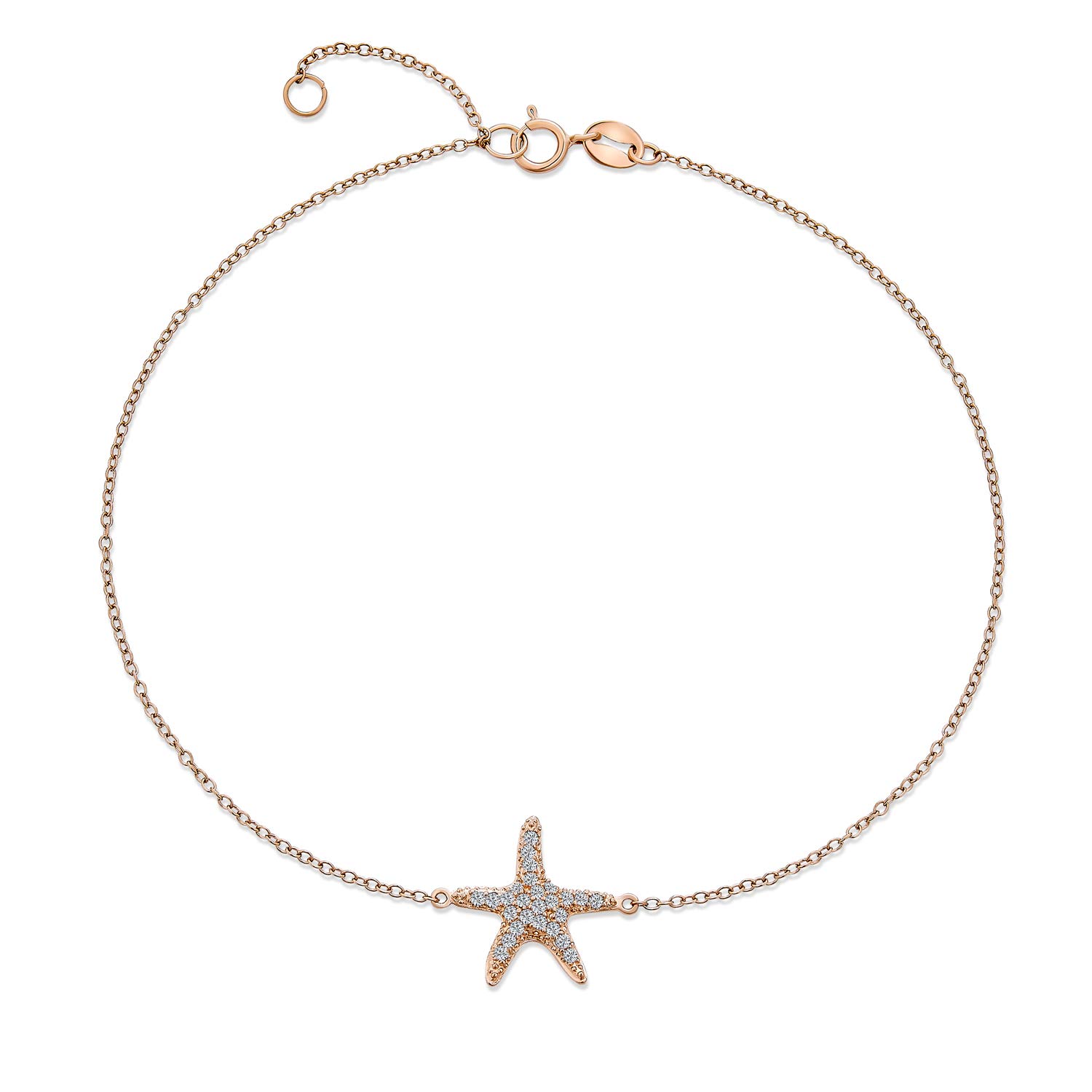Bling Jewelry Vacation Beach CZ Nautical Starfish Anklet Ankle Bracelet For Women Teen Rose Gold Plated .925 Sterling Silver 9-10 Inch Adjustable
