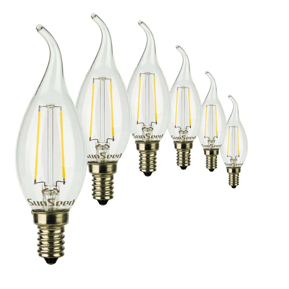 SUNSEED 6 X E14 2W (Equivalent to 25W) Sapphire Filament LED Flame Light Bulb C35TA Neutral White 4000K