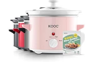 KOOC Small Slow Cooker, 2-Quart, Free Liners Included for Easy Clean-up, Upgraded Ceramic pot, Adjustable Temp, Nutrient Loss Reduction, Stainless Steel, Pink, Round