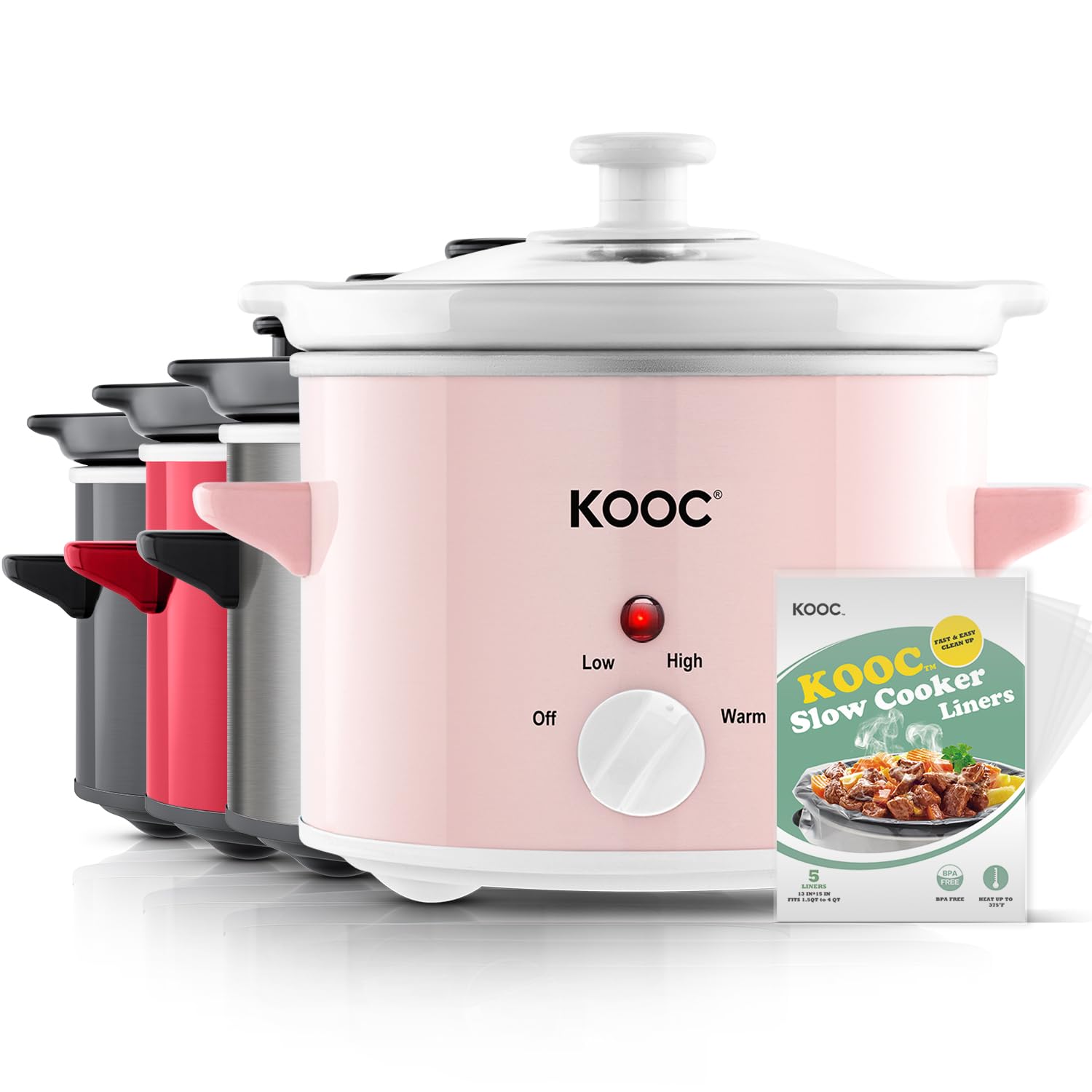 Photo 1 of KOOC Small Slow Cooker, 2-Quart, Free Liners Included for Easy Clean-up, Upgraded Ceramic pot, Adjustable Temp, Nutrient Loss Reduction, Stainless Steel, Pink, Round