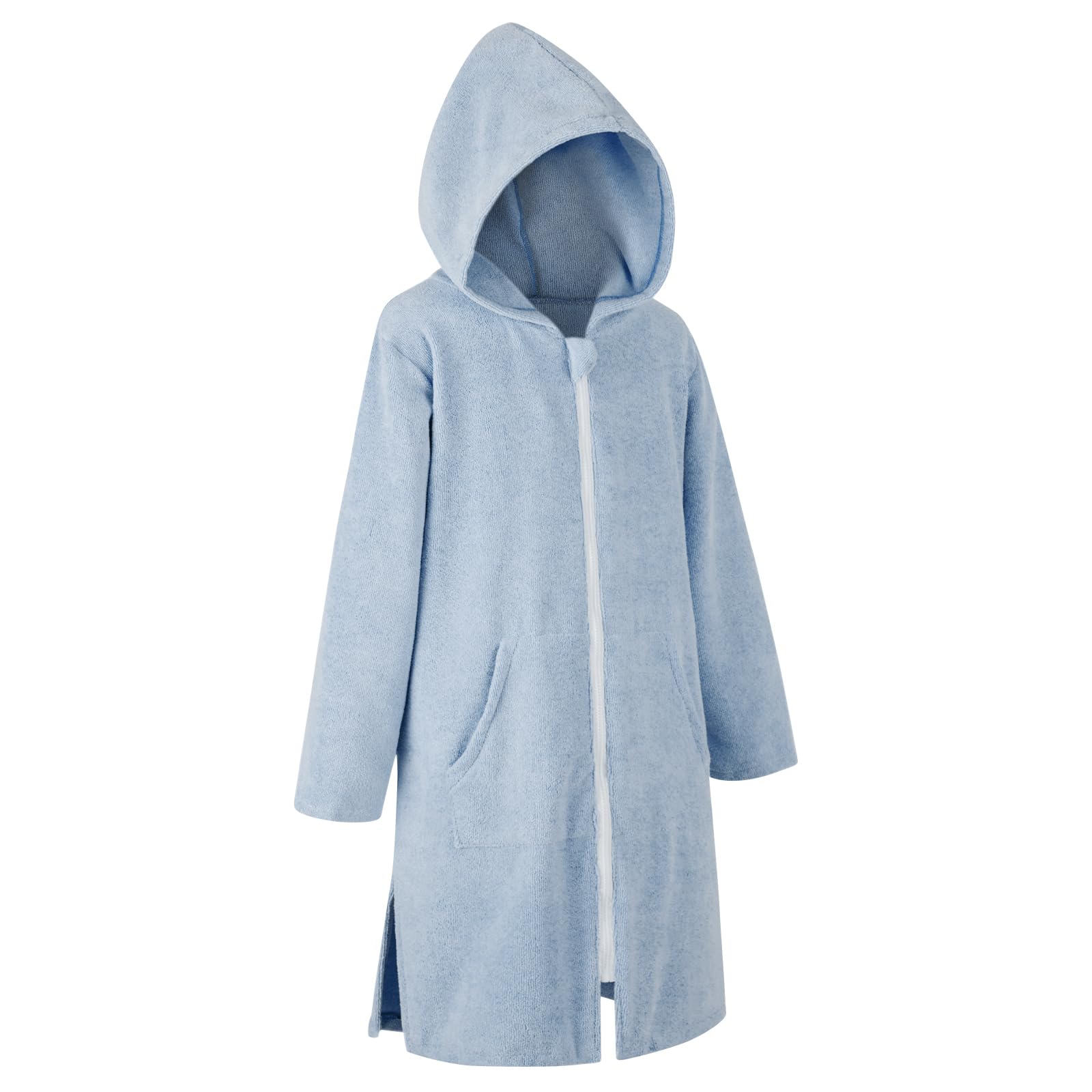 Photo 1 of MissShorthair Hooded Towel Robe for Kid, Zipper Beach Cover Up, Swim Changing Robe for Boy, Girls Bath Towelling Poncho Light Blue 5-7 Years